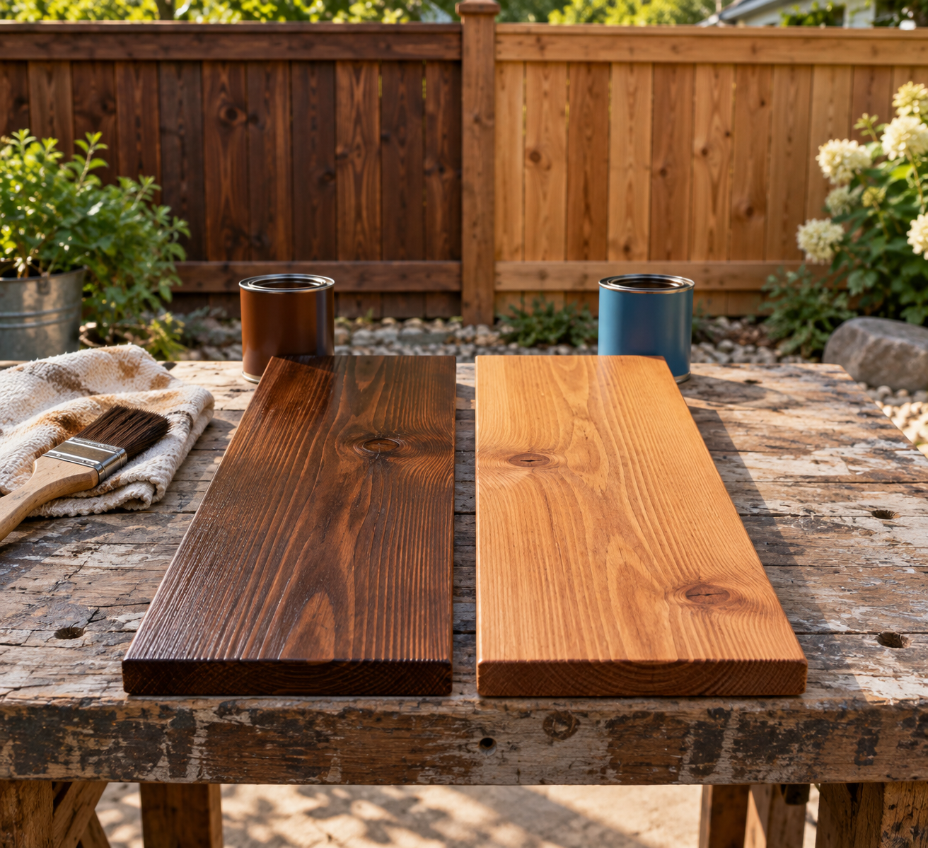 Cedar boards compare dark, glossy oil vs water based stain with lighter matte water-based finish on an outdoor workbench.