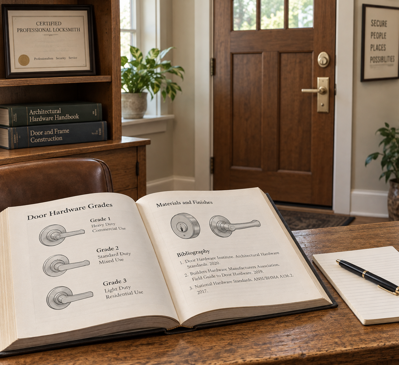 Open reference book beside a notepad on an oak desk, with a brass deadbolt on the door; pages compare oil vs water based stain.