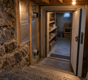 Stairwell view of a cold cellar in basement, showing foil-sealed wall insulation, passive vents, an open insulated door, and storage shelves.