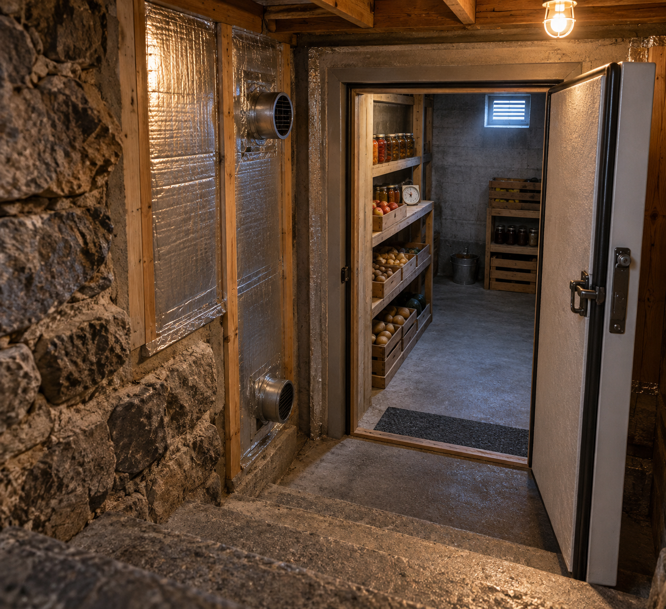 Stairwell view of a cold cellar in basement, showing foil-sealed wall insulation, passive vents, an open insulated door, and storage shelves.