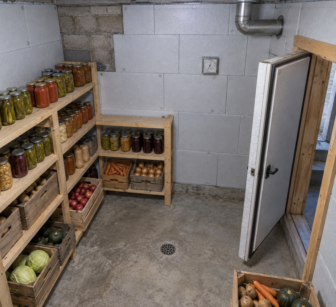 Overhead view of a cold cellar in basement under construction, with foam-lined walls, open insulated door, vent, shelves, jars, and crates.