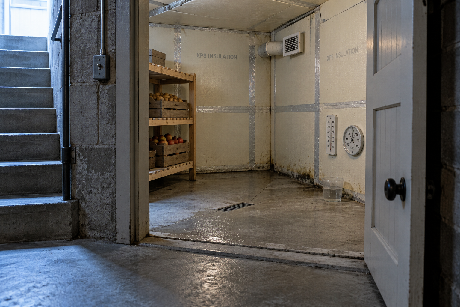 Cold cellar in basement with insulated walls, vent, sloped concrete floor, drain, moisture gauges, and produce crates.
