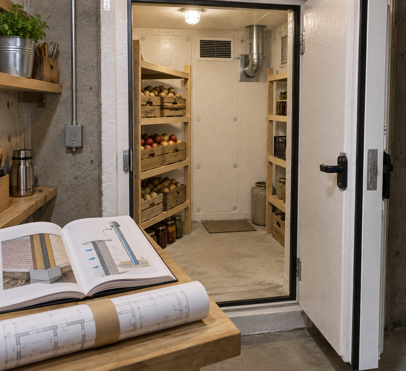 Open insulated cold cellar in basement with produce crates, ventilation, and a work ledge holding building plans and reference pages.