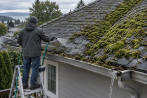 Homeowner rinses moss on rooftops with a garden hose as green moss and damp shingles fill the frame.
