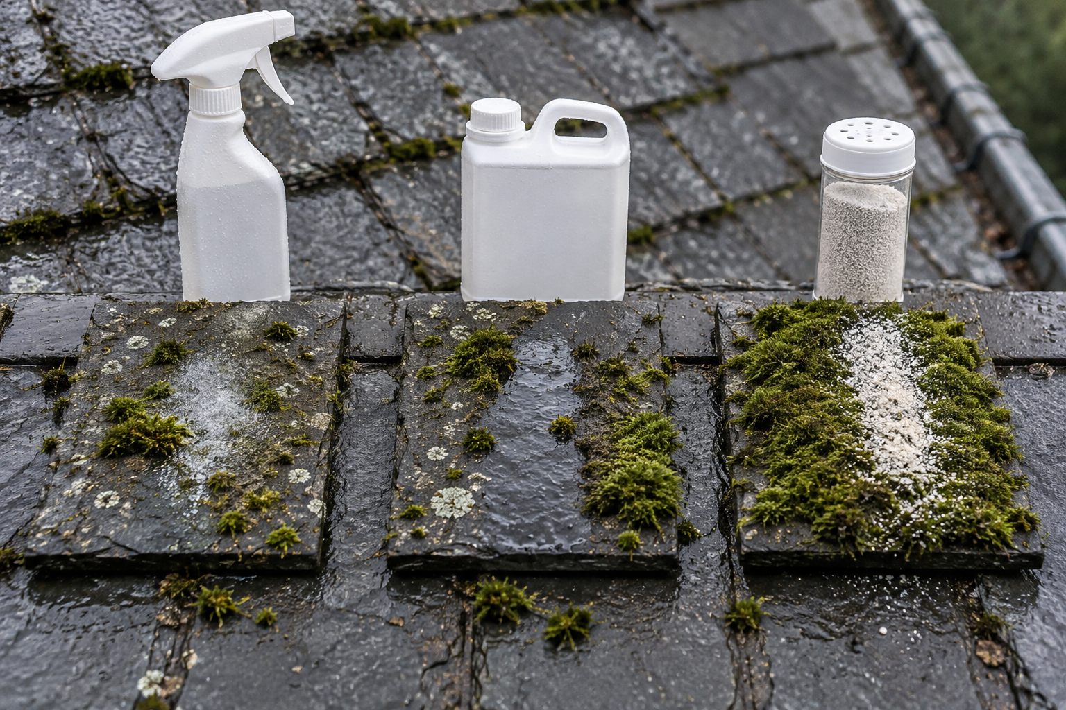 Three roof-tile samples compare moss on rooftops, with varied moss growth and a spray bottle, liquid concentrate, and granular treatment nearby.