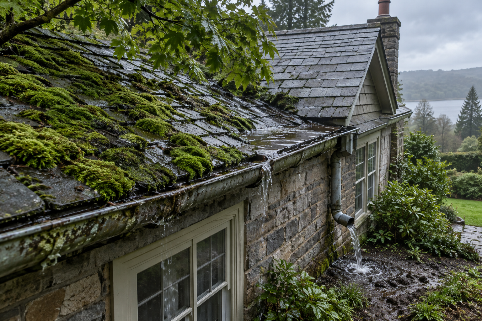 Moss on rooftops, a rain-soaked slate roof with pooling water, an overflowing sagging gutter, and a downspout draining onto muddy ground.