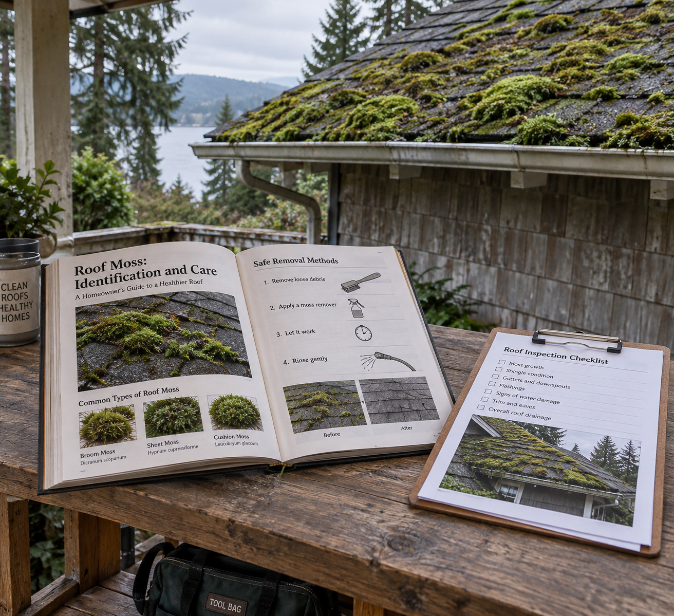 An open roof-care guide and inspection checklist sit on a porch table before a weathered house with moss on rooftops.