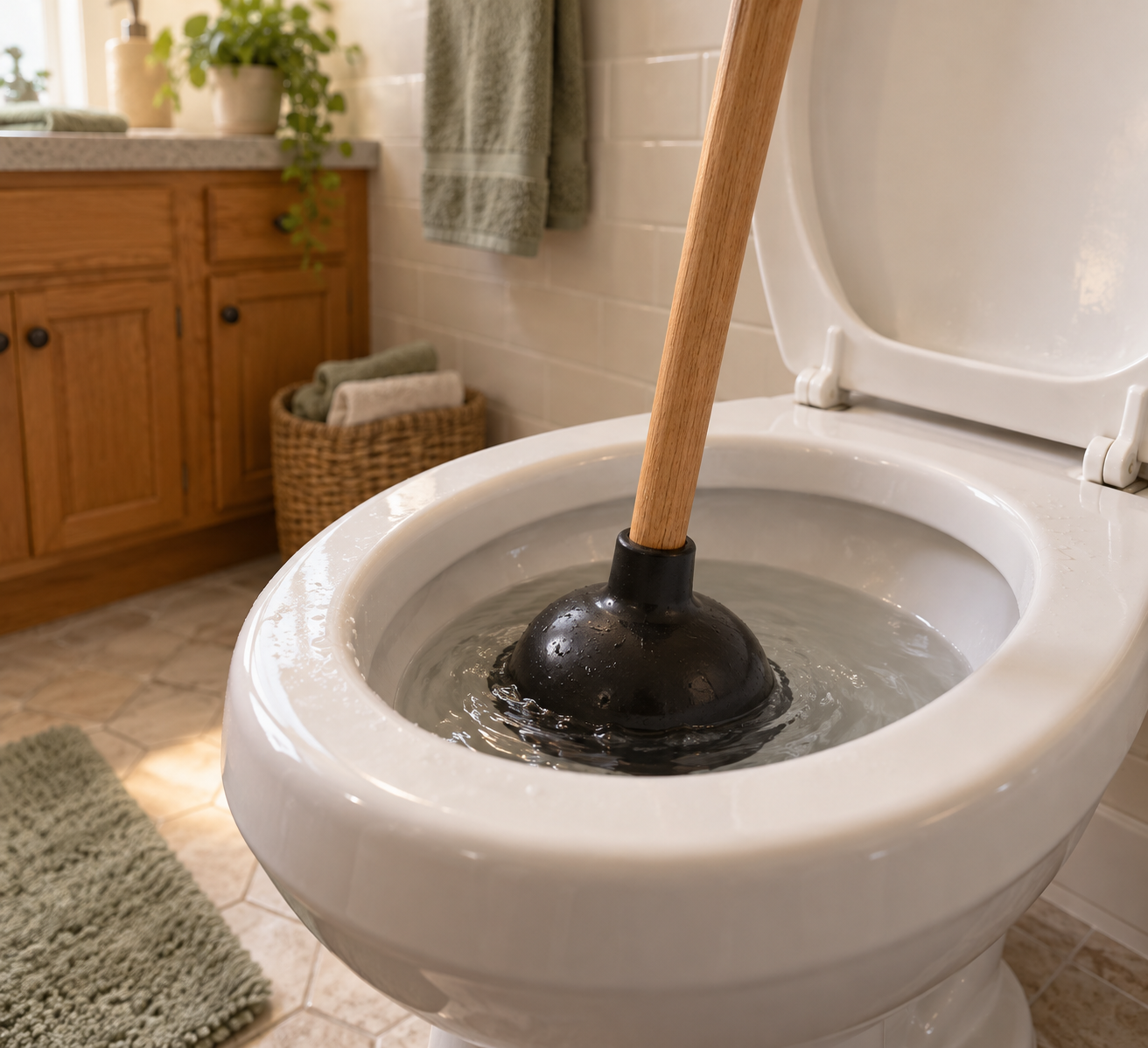 Black plunger pressed into a white commode in a warm bathroom, illustrating how to unclog a commode.