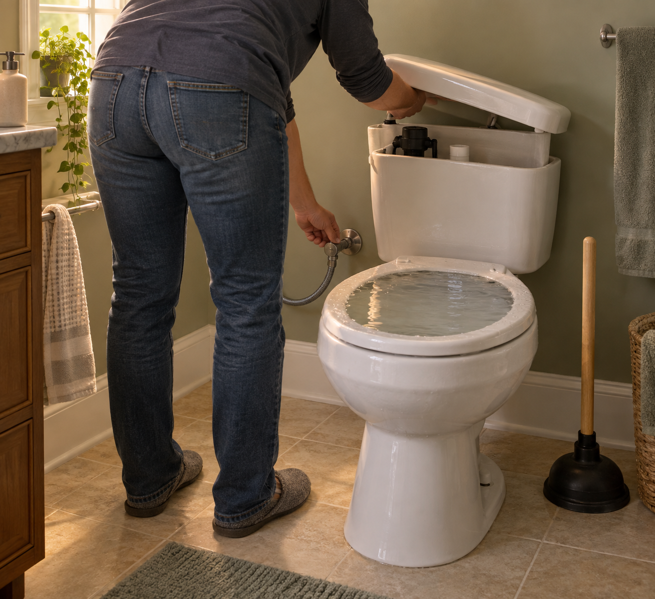 Person turns the shutoff valve on a toilet as water nears the rim, with a plunger nearby—how to unclog a commode