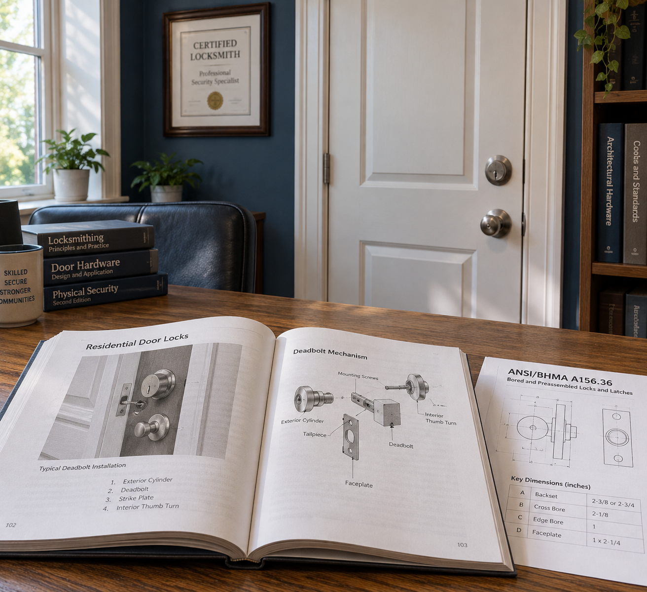 Locksmith’s desk with an open lock manual and standards sheet beside an installed deadbolt; a bookshelf and certificate frame the scene. How to unclog a commode.