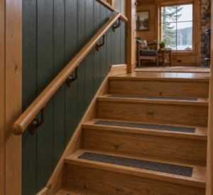 Oak handrails on steps with bronze wall brackets in a compact timber cabin, lit by soft daylight.