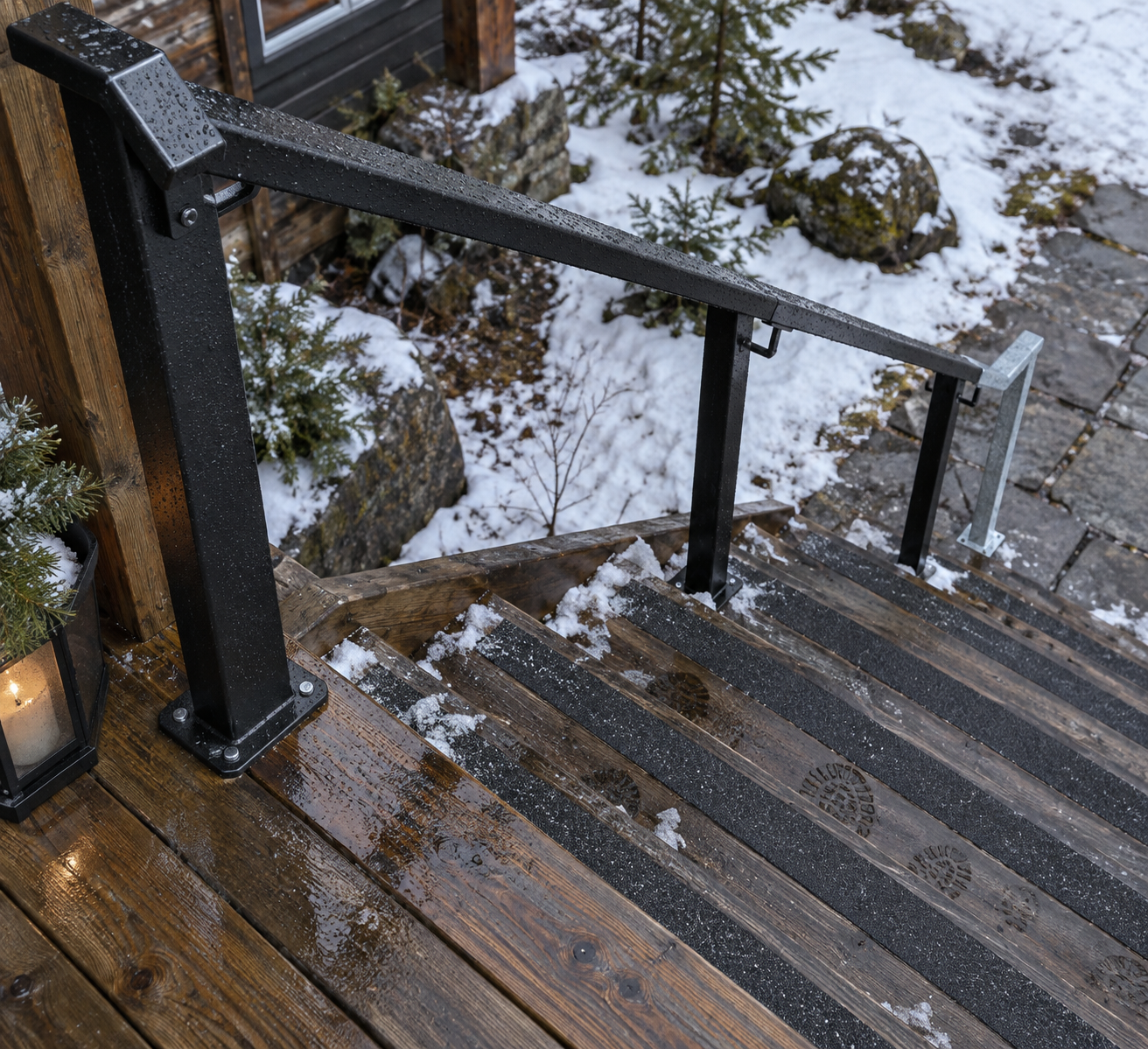 Rain-dark cabin steps with wet boot prints, melting snow, and sturdy steel handrails on steps beside textured anti-slip strips.
