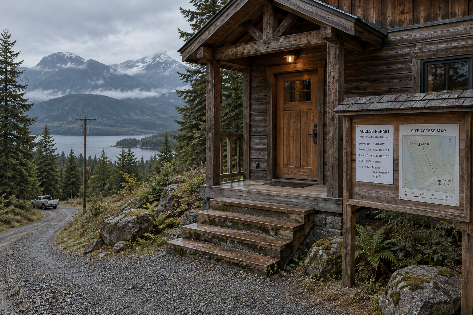 Remote forest cabin with a locked door, permit board, gravel approach, parked work vehicle, and handrails on steps beneath overcast skies.