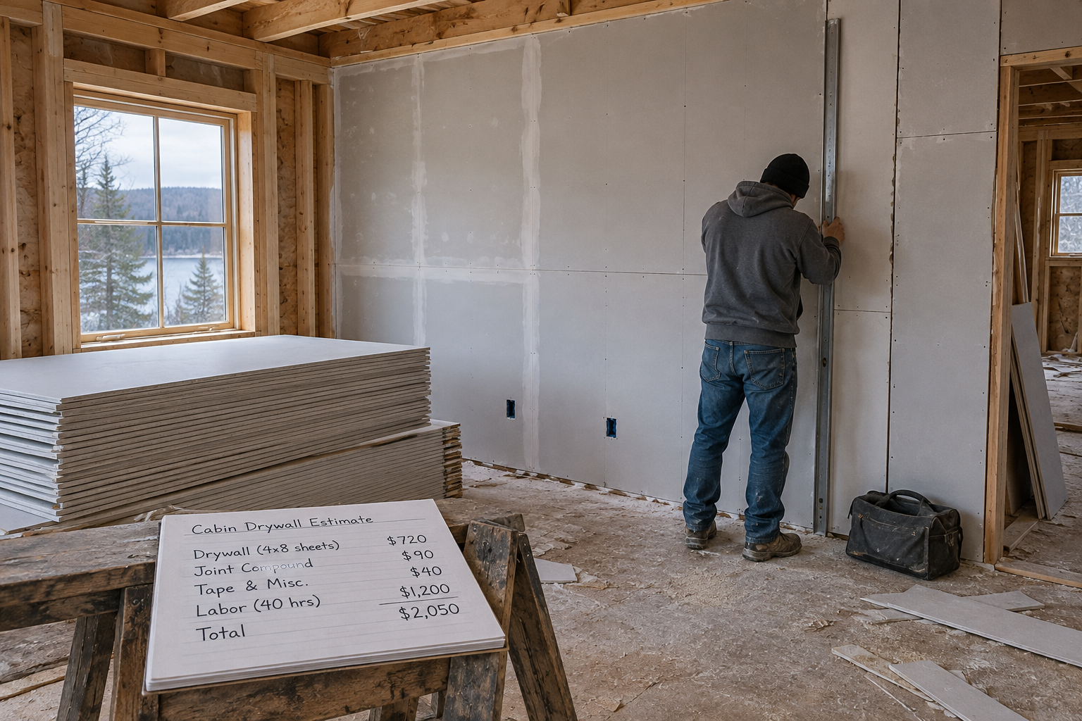 Worker checks an uneven cabin wall seam beside stacked boards and a cost estimate, illustrating drywall and sheetrock choices during construction.
